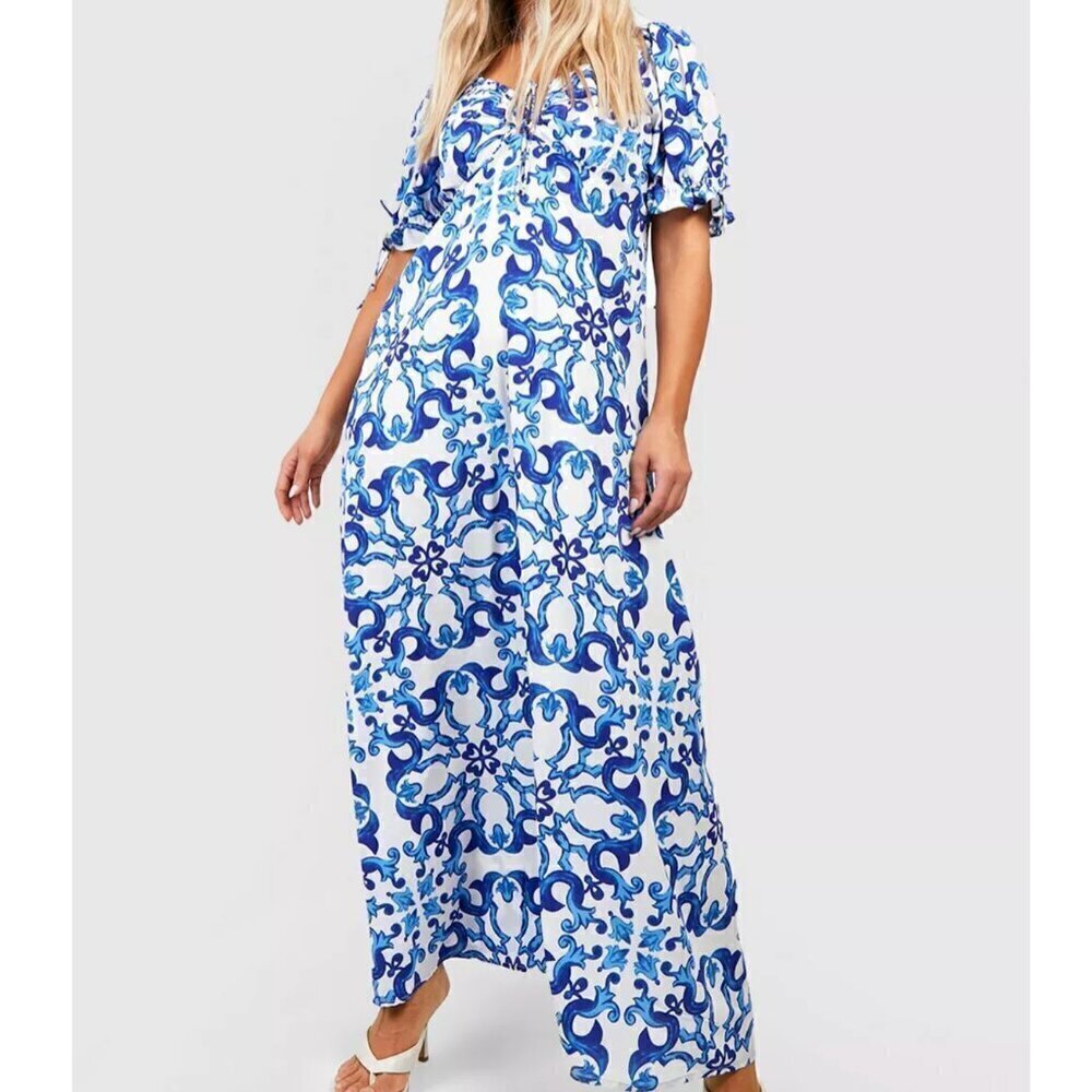 Boohoo Porcelain Print Puff Sleeve Maxi Dress - NWT - Size 16